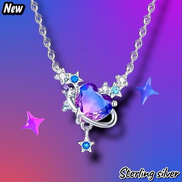 Exclusively Fancy – 925 Sterling Silver Purple Heart Planet Necklace - Picture 3 of 3